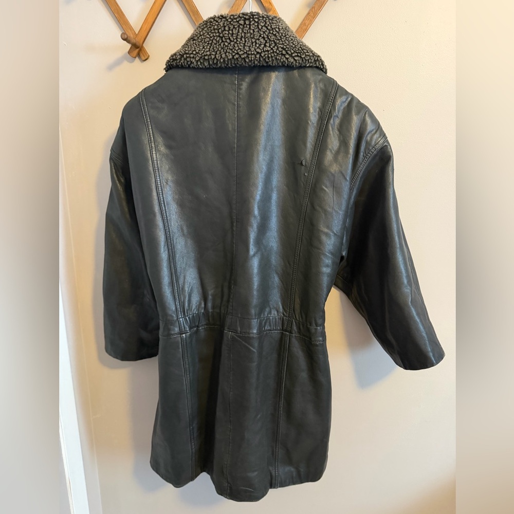 Danier Vintage Leather Shearling Collar Drop Shoulder Car Coat Brown Lrg - Picture 2 of 10